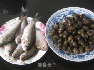 鲫鱼烧田螺的做法步骤：1