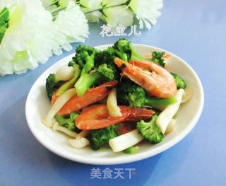 白玉菇甜虾炒西兰花的做法