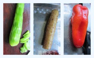 莴笋红椒炒山药肉片的做法步骤：1