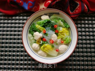 黄心菜粉丝鸡肉丸子汤的做法