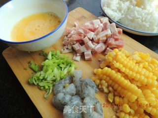 培根大虾玉米炒饭的做法步骤：2
