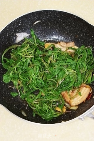 【五花肉炒萝卜叶】---春天里不要扔要的绿色健康美味的做法步骤：5