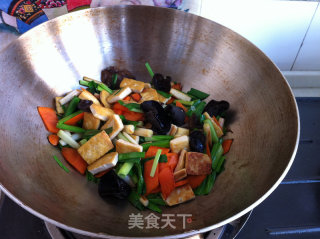 胡萝卜木耳蒜苗炒豆腐的做法步骤：9