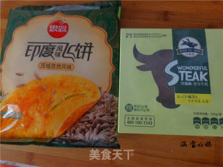 飞饼卷牛排的做法步骤：1
