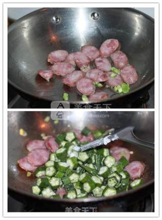 秋葵炒腊肠的做法步骤：2