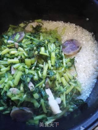 茼蒿咸肉香肠菜饭《又名皇帝菜饭》的做法步骤：8