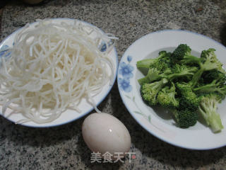 鸭蛋西兰花炒米粉的做法步骤：1