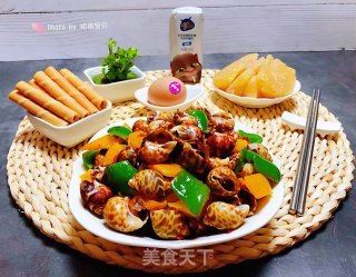 彩椒辣酱炒花螺的做法步骤：13