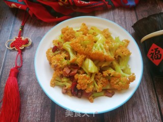 花菜炒火腿丁的做法步骤：12