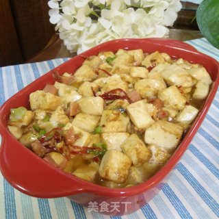 火腿丁烧嫩豆腐的做法步骤：7