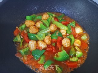茄汁青椒烧鹌鹑蛋的做法步骤：8