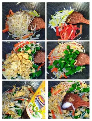 秋葵甜椒银芽炒鸡蛋的做法步骤：6