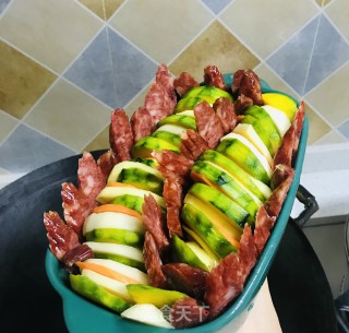 杂蔬蒸腊肠的做法步骤：5