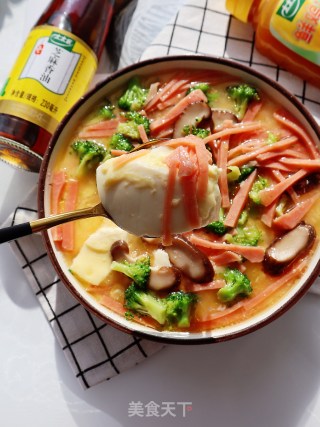 时蔬午餐肉蒸豆腐鸡蛋羹的做法步骤：12