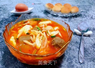 白玉菇辣白菜豆腐丸子汤#白菜#的做法步骤：12