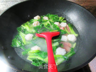 香肠虾味球菜芯煮粉丝的做法步骤：9