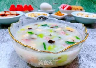 #腊味#腊肠三文鱼香菇青菜粥的做法步骤：15