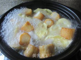 花菜干贝烧蛋饺煲的做法步骤：6