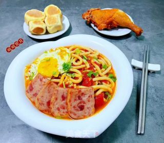 番茄午餐肉煎蛋乌冬面的做法步骤：12