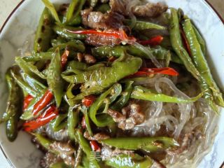 青椒牛肉炒红薯粉的做法步骤：7